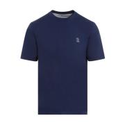 Brunello Cucinelli Blå Bomull T-shirt med Vitt Logotyp Blue, Herr