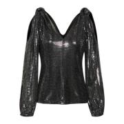 Karen by Simonsen Metallisk blus med axeldetaljer Black, Dam