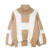 Hést Beige Turtleneck Stickad Tröja med H Print Beige, Dam