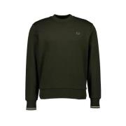 Fred Perry Bomull Crewneck Sweater med Ribbed Trim Green, Herr