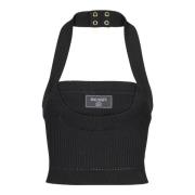 Balmain Räfflad stickad halternecktop Black, Dam