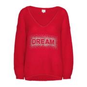 American Dreams Kristall Dröm V-ringad Pullover i Rött Red, Dam