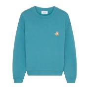 Maison Kitsuné Broderad bomulls sweatshirt med rund hals Blue, Herr