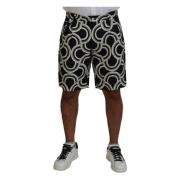 Dolce & Gabbana Svart Vit Mönstrad Linne Bermuda Shorts Black, Herr