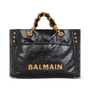 Balmain 1945 Mjuk toteväska i sprucket kalvskinn Black, Dam