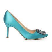 Manolo Blahnik Turkos Kristallspänne Satinpumps Blue, Dam