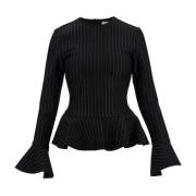 Ganni Pinstripe Peplum Topp med Utställda ärmar Black, Dam