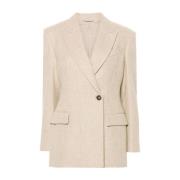 Brunello Cucinelli Beige Dubbelknäppt Jacka med Peak Revers Beige, Dam