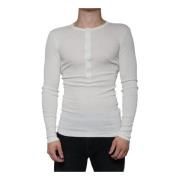 Dolce & Gabbana Vit Bomull Henley Pullover Tröja White, Herr