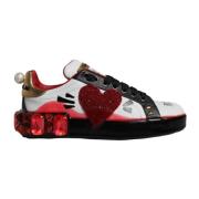 Dolce & Gabbana Kristall Hjärta Läder Sneakers Vit Röd Multicolor, Dam