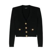 Balmain Knäppt Stickad Crop Cardigan i Svart Black, Dam