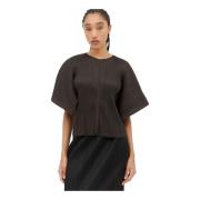 Issey Miyake Veckad Cap Sleeves Topp Brown, Dam