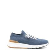 Brunello Cucinelli Marin Stickad Strumpa-Stil Sneakers Blue, Herr