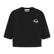 Moschino Svart trådbroderad bomullst-shirt Black, Dam