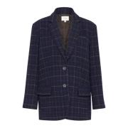 Gestuz Oversized Blazer Navy Blue Check Blue, Dam