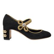 Dolce & Gabbana Svart Mocka Guld Mary Janes Klackar Black, Dam