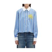 Msgm Blårandig Poplin Skjorta med Gul Sol Dekoration Blue, Dam