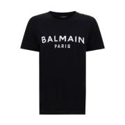 Balmain Monogramtryck Bomull T-shirt med Axelknappar Black, Dam