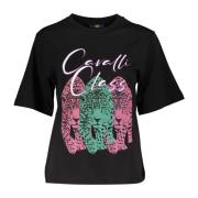 Cavalli Class Svart bomull T-shirt med djrvt tryck Black, Dam