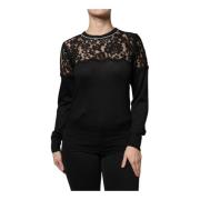 Dolce & Gabbana Svart Blommig Spets Silkeblus Topp Black, Dam