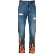 Palm Angels Brinnande F-Print Straight-Leg Jeans Blue, Herr