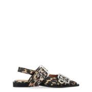 Ganni Leopard Satin Spänne Ballerina Skor Brown, Dam