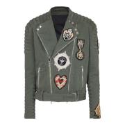 Balmain Denim bikerjacka med broderade lappar Green, Herr