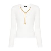 Elisabetta Franchi Vit V-ringad tröja med halsband White, Dam