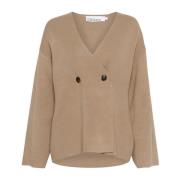 Karen by Simonsen Taupe Kofta med V-Ringning och Knappar Beige, Dam