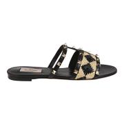 Valentino Garavani Svarta Rockstud Slide Sandaler Beige, Dam