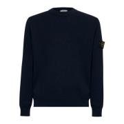 Stone Island Blå Ribbstickad Tröja med Badge Detalj Blue, Herr