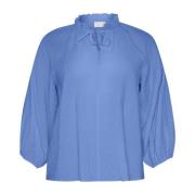 Kaffe Curve Flowing Blus med Volangdetalj Blue, Dam