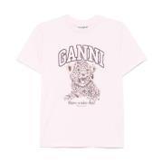 Ganni Broderad Logga Bomull T-shirt Rosa Pink, Dam