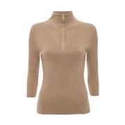 Victoria Beckham Stickad Half Zip Short Sleeve Top Beige, Dam