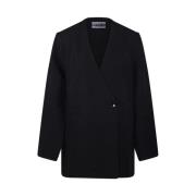 Ganni Svart Stretch Crepe Boxy Blazer Black, Dam