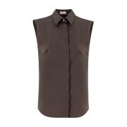 Brunello Cucinelli Ärmfri stretchig bomullspoplin skjorta Brown, Dam