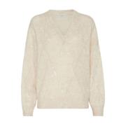 Brunello Cucinelli Diamantmönster Paljett Prydd Stickad Topp Beige, Da...