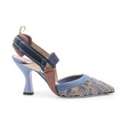 Fendi Broderad Slingback med Trekking Hook Stängning Blue, Dam