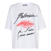 Balmain Kiss Print Grafisk T-shirt White, Dam