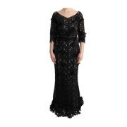 Dolce & Gabbana Elegant Svart Maxi Klänning med Blomapplikation Black,...