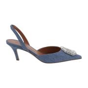 Amina Muaddi Tryckta Denim Sling Pumps med Spegelaccessoar Blue, Dam