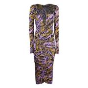 Versace Jeans Couture Barocktryck Fyrkantig Hals Midi Klänning Purple,...