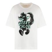 See by Chloé Bomull T-shirt Ribbad Krage Print White, Dam