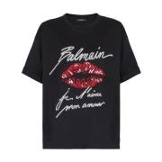 Balmain Kortärmad Tryckt Kyss T-shirt Black, Dam