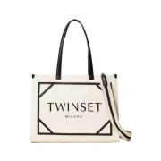 Twinset Canvas Shopper Väska med Logotyp Beige, Dam