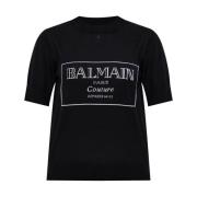 Balmain Stickad T-shirt med tryckt logotyp Black, Dam