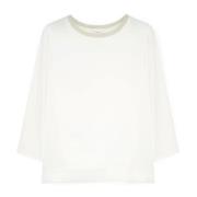 Motivi Satin och Jersey T-shirt med Lurex Trim White, Dam