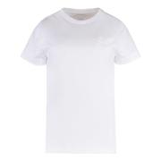 Pinko Bomull Crew-neck T-shirt, Ribbad Krage White, Dam