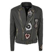 Balmain Denim Bikerjacka med Patch Green, Herr