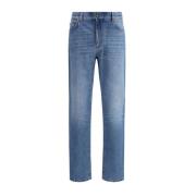 Ermenegildo Zegna Högmidjade Straight Cut Jeans med Läderlogotyp Blue,...